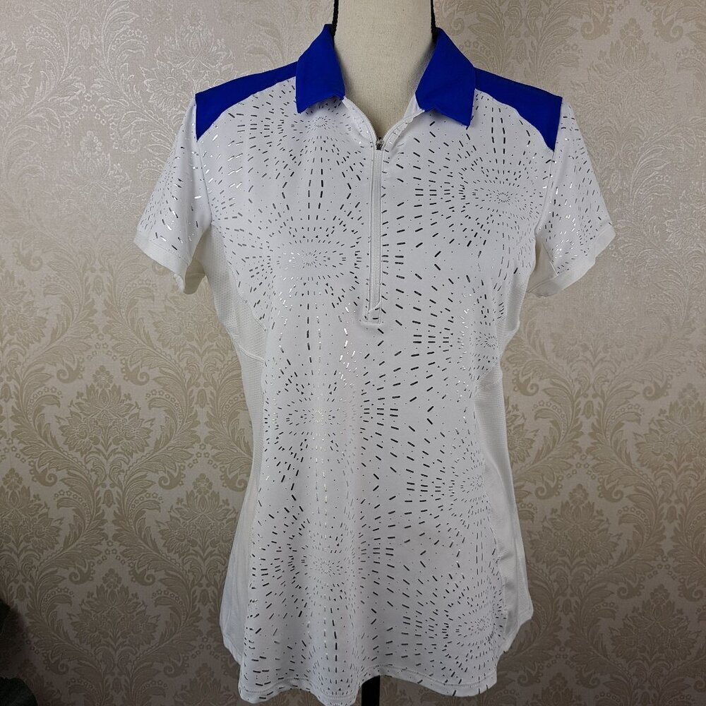 ANNIKA Size Med Golf Shirt White Blue Trim Silver Accents Half Zip Collar UPF50+